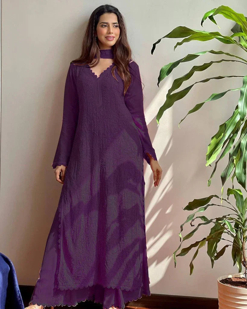 Wine Georgette Chikankari Embroidery Kurta With Pant & Dupatta | For Women