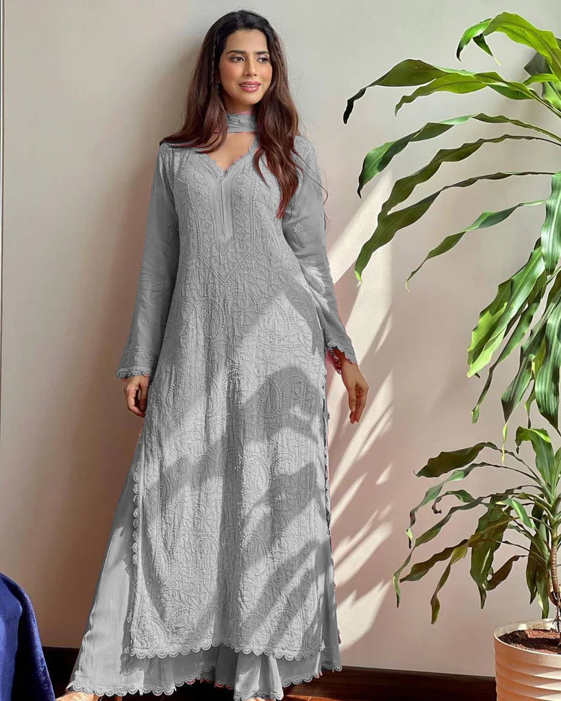 Gray  Georgette Chikankari Embroidery Kurta With Pant & Dupatta | For Women