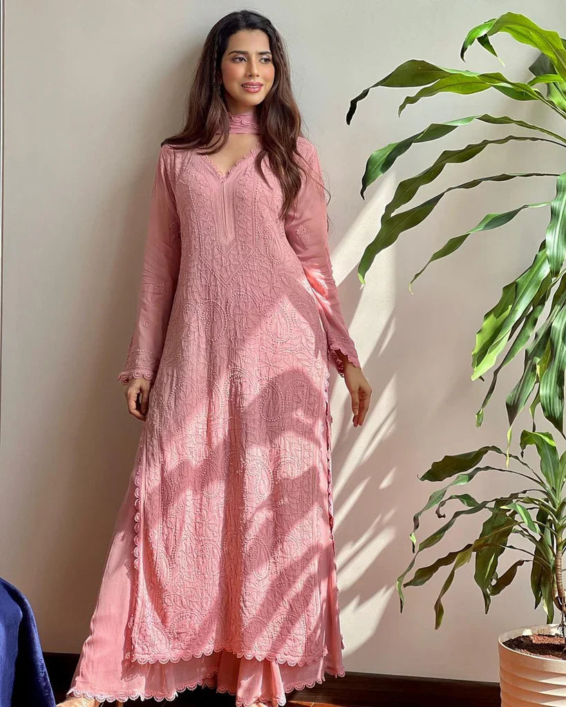 Pastel Pink Georgette Chikankari Embroidery Kurta With Pant & Dupatta | For Women