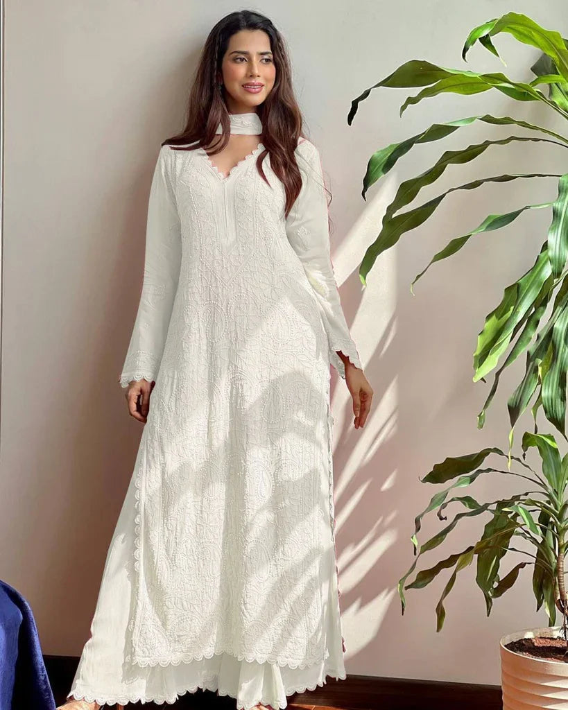 White Georgette Chikankari Embroidery Kurta With Pant & Dupatta | For Women