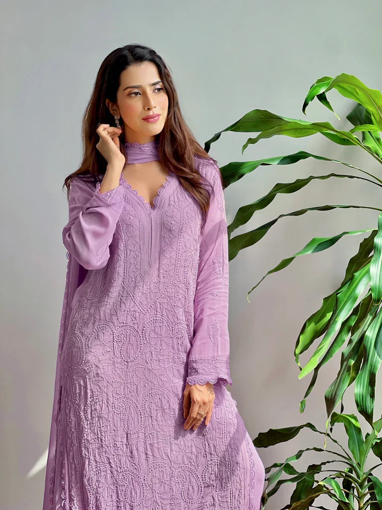Lavender Georgette Chikankari Embroidery Kurta With Pant & Dupatta | For Women