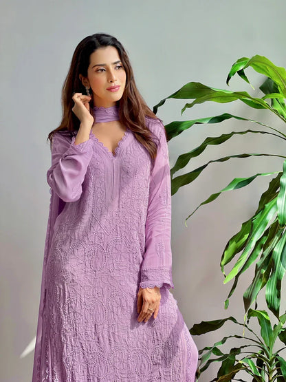 Lavender Georgette Chikankari Embroidery Kurta With Pant & Dupatta | For Women