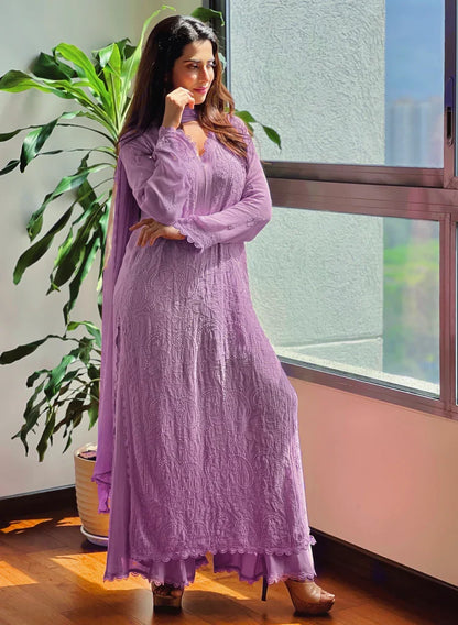 Lavender Georgette Chikankari Embroidery Kurta With Pant & Dupatta | For Women
