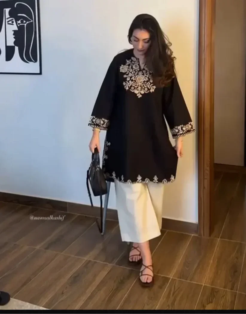 Embroidery Black Cotton Kurta Set