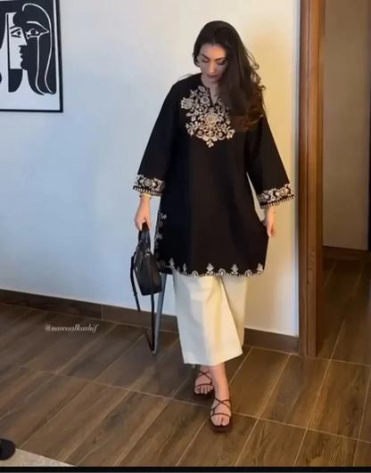 Embroidery Black Cotton Kurta Set