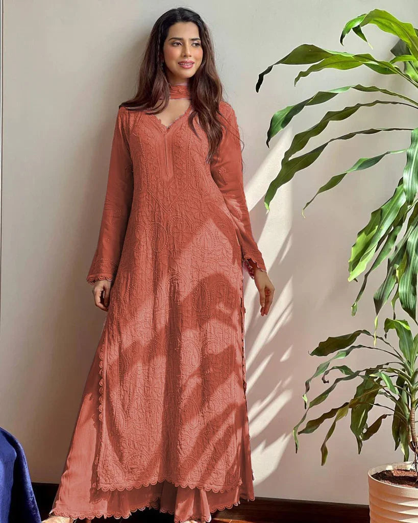 Rust Brown Georgette Chikankari Embroidery Kurta With Pant & Dupatta | For Women