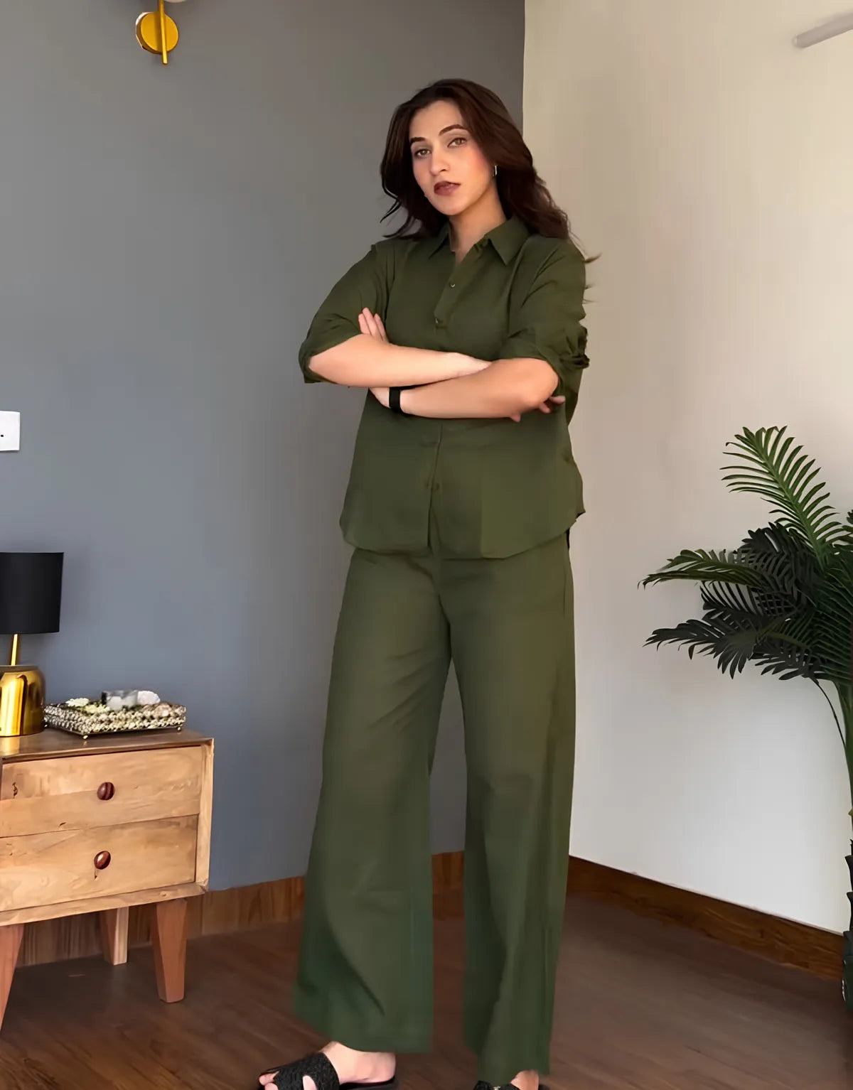 Veloura Ease Olive Green Linen Co-Ord Set
