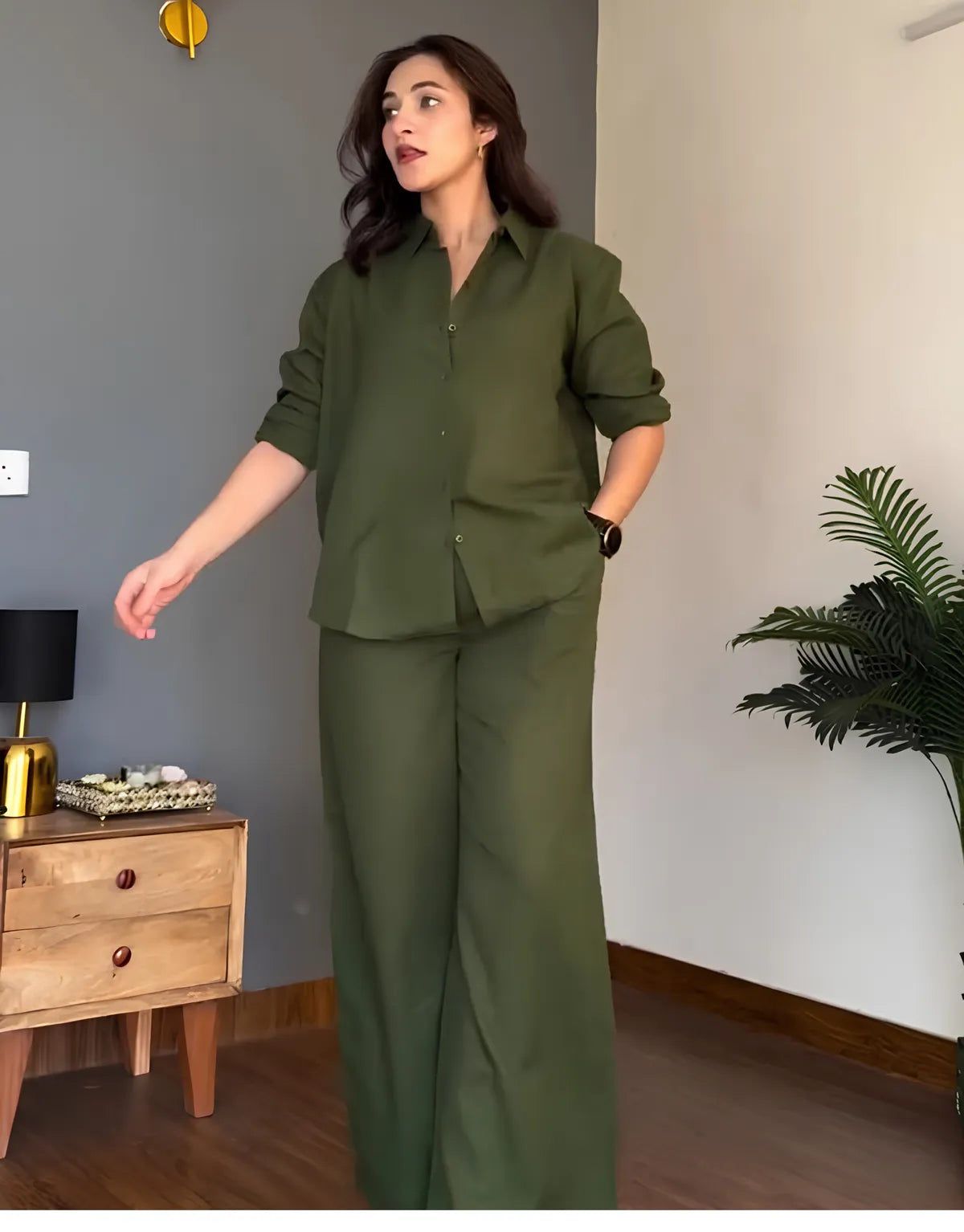Veloura Ease Olive Green Linen Co-Ord Set