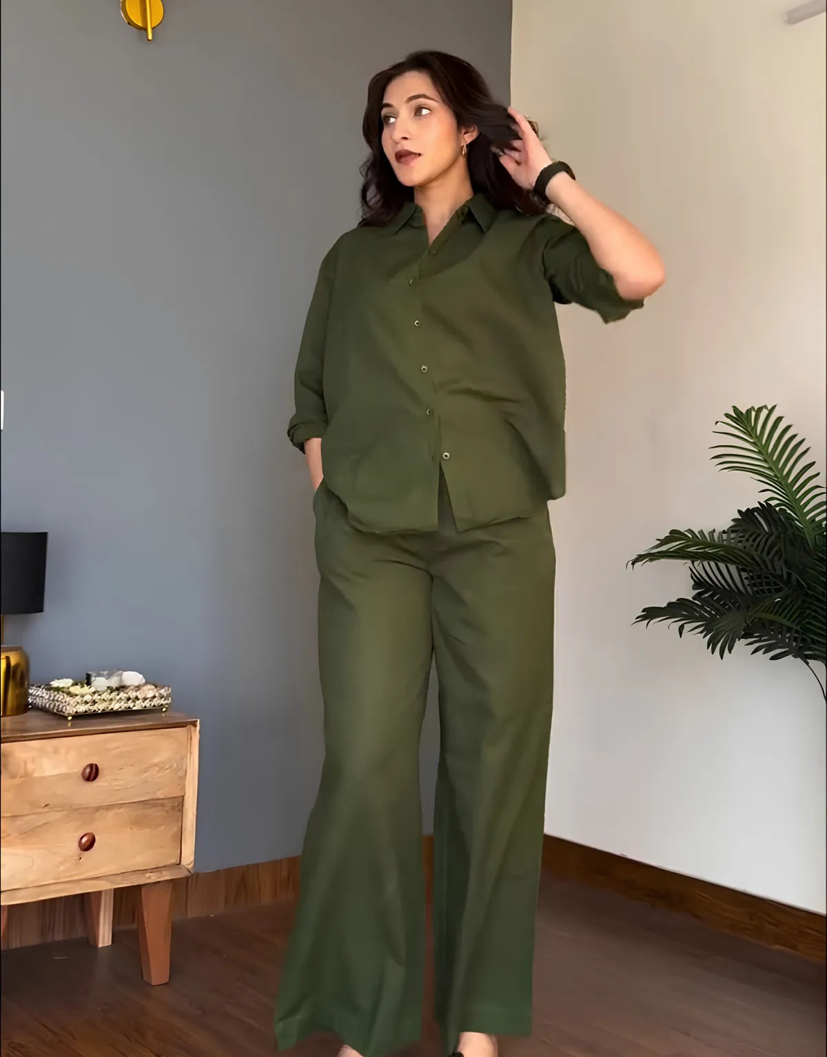 Veloura Ease Olive Green Linen Co-Ord Set