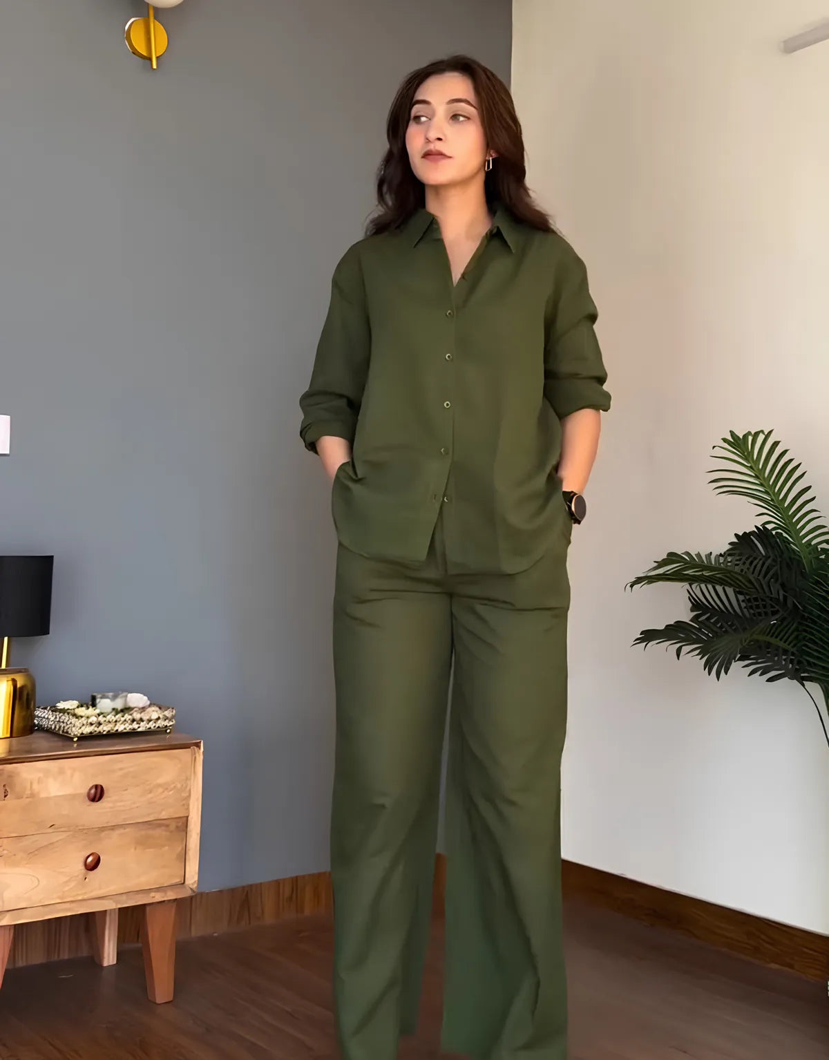 Veloura Ease Olive Green Linen Co-Ord Set