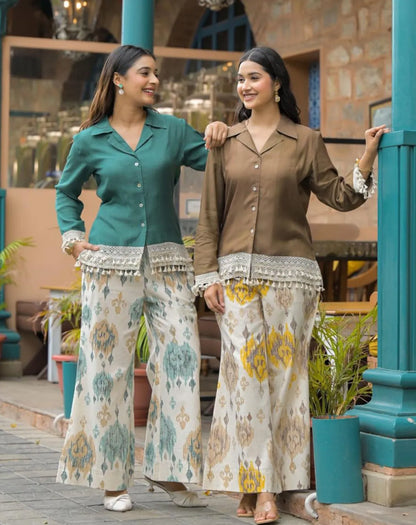 Green Top with printed pants Coord Set