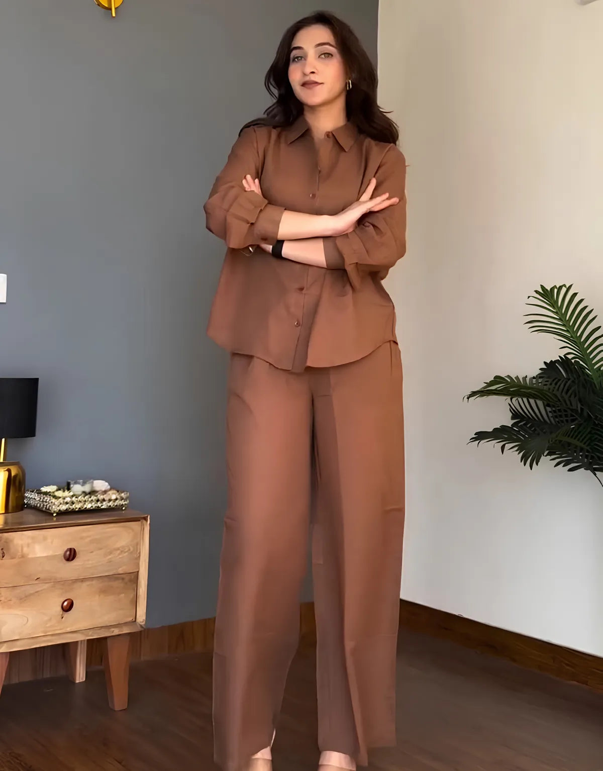 Veloura Ease Brown Linen Co-Ord Set